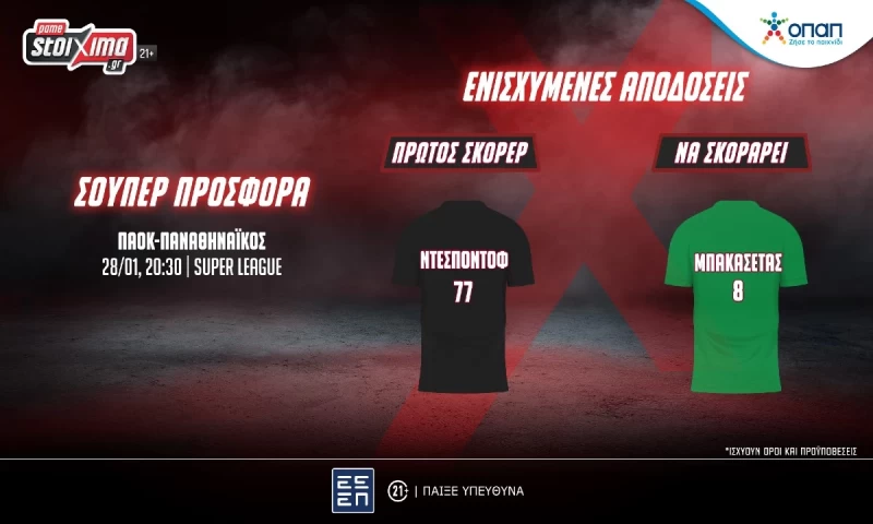 Super League: ΠΑΟΚ-Παναθηναϊκός με σούπερ προσφορά* & ενισχυμένες αποδόσεις στο Pamestoixima.gr!